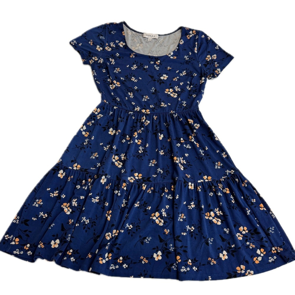 Gilli Dress Womens Small Blue Floral Tiered Mini‎ Short Sleeve Scoop Neck